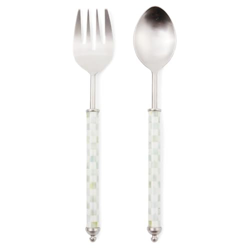 MACKENZIE-CHILDS Supper Club Salad Serving Set, Fork and Spoon Salad Servers, Decorative Kitchen Serving Utensils, Gray-and-White Sterling Check