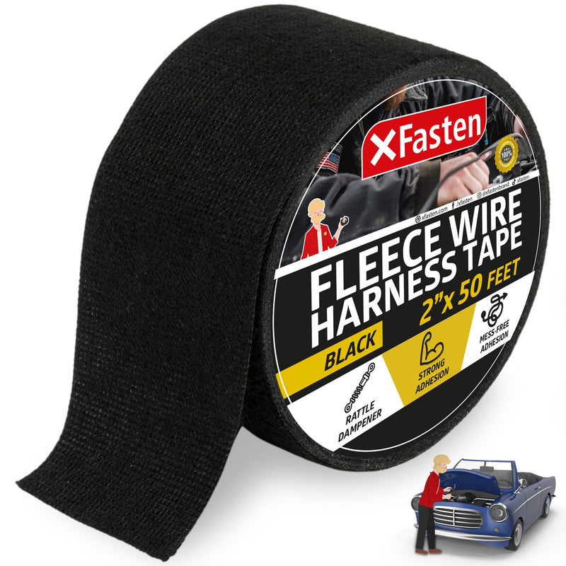 XFasten Wire Harness Tape 2 Inch x 50 ft Residue-Free Cloth Electrical Felt Tape for Automotive Wiring Loom Wrap, High Temp and Abrasion Resistant, Noise Dampening Insulation 2-Inch x 50-Feet (Single Pack) Black