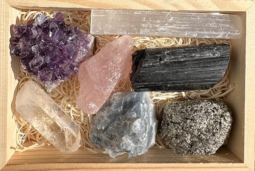 CRYSTALYA Premium Raw Crystals and Healing Stones in Wooden Gift Box Set + 50pg EBOOK + Info Guide – 7pcs Large 2-2.5” Natural Raw Crystals, Collection, Yoga, Reiki, Made in U.S.A