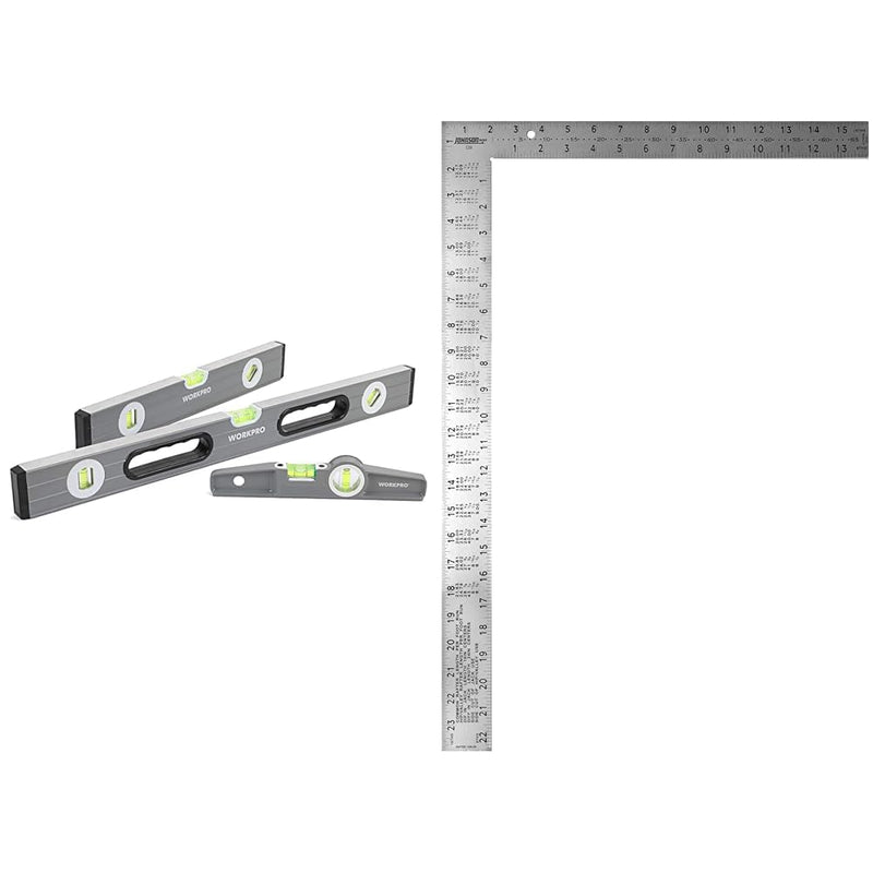 [Australia - AusPower] - WORKPRO 3-Piece Spirit Level Set, 9"(Magnetic), 16"(Non-magnetic), 24"(Non-magnetic) & Johnson 16" x 24" Steel Framing Square 