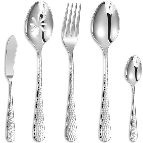 KEAWELL Louise hammered hostess serving set with multiple utensils, silver finish, ideal for serving appetizers and snacks.