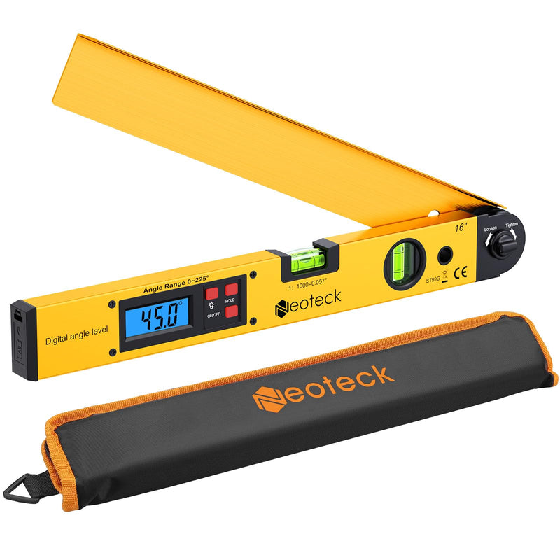 [Australia - AusPower] - Neoteck 225° 16 inch Digital Angle Finder Aluminum Protractor with LCD Backlight Digital Angle Measuring Tool with Horizontal and Vertical Bubble for Woodworking, Construction, Machinery - Golden Gold 