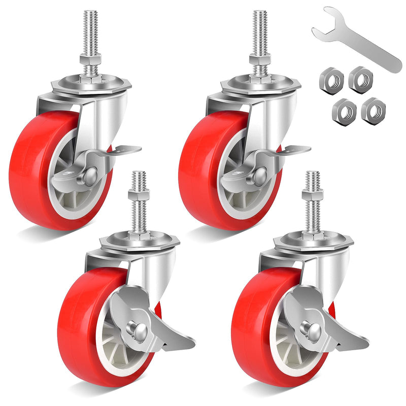 [Australia - AusPower] - 3 Inch Heavy Duty Stem Casters Swivel Wheels with Brake - 3/8" -16 x 1-1/2" (Stem Diameter 3/8", Stem Length 1-1/2"),Set of 4 with Locking Threaded Stem Caster Wheels - Load 600lbs 