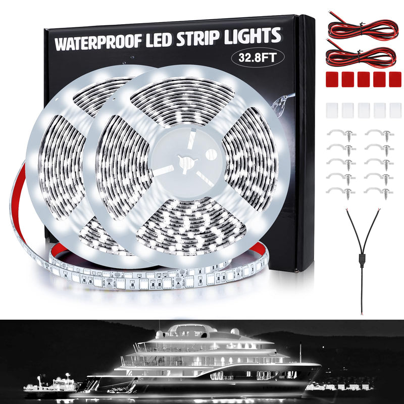 LED Boat Strip Lights - 32.8ft (2 Rolls) Waterproof Pontoon, Kayak, Cabin, Deck & Navigation Lights (White) 32.8FT White