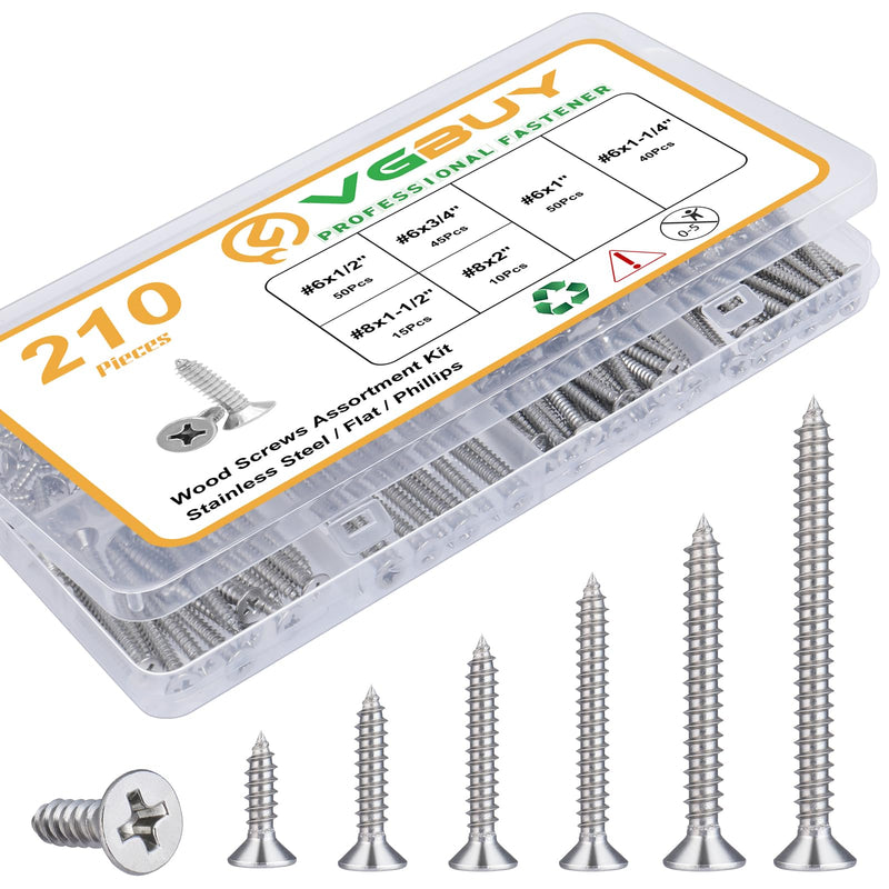 [Australia - AusPower] - 210Pcs Wood Screws Assortment Kit, 304 Stainless Steel Screws, Phillips Drive, Wood Screws, Screws, Screw Set, Assorted Screws, Screws Assortment Kit, 6 Sizes (2”,1-1/2”,1-1/4”,1”,3/4”,1/2”) 