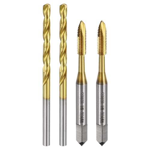 QUARKZMAN Metric Tap and Drill Bit Set, 2 Pieces M4 x 0.7 Spiral Taps and 2 Pieces 3.3mm Twist Drills Titanium Coated HSS6542 Thread Cutting Tools | Titanium coated HSS6542 thread cutting tools
