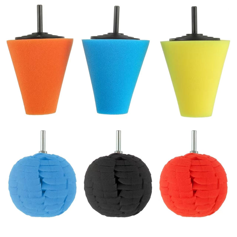 6PCS Car Wheel Hub Drill Buffing Sponge Pads Kit,3 Inch Shank Polishing Pads for Wheel Hub Cleaning, Auto Cone Metal Polish Buffing Polishing Ball,for Automotive Car Wheels Care Buffing Tool