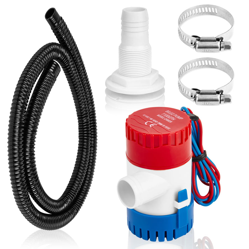 12V 1100GPH Bilge Pump Kit, 0.98 Inch, Non-automatic | 6 ft/1.8 meters Bilge Pump Hose, 2pcs Stainless Steel Clamps, Thru Hull Fitting, For Boats, Speedboats, Yachts B - 1100GPH