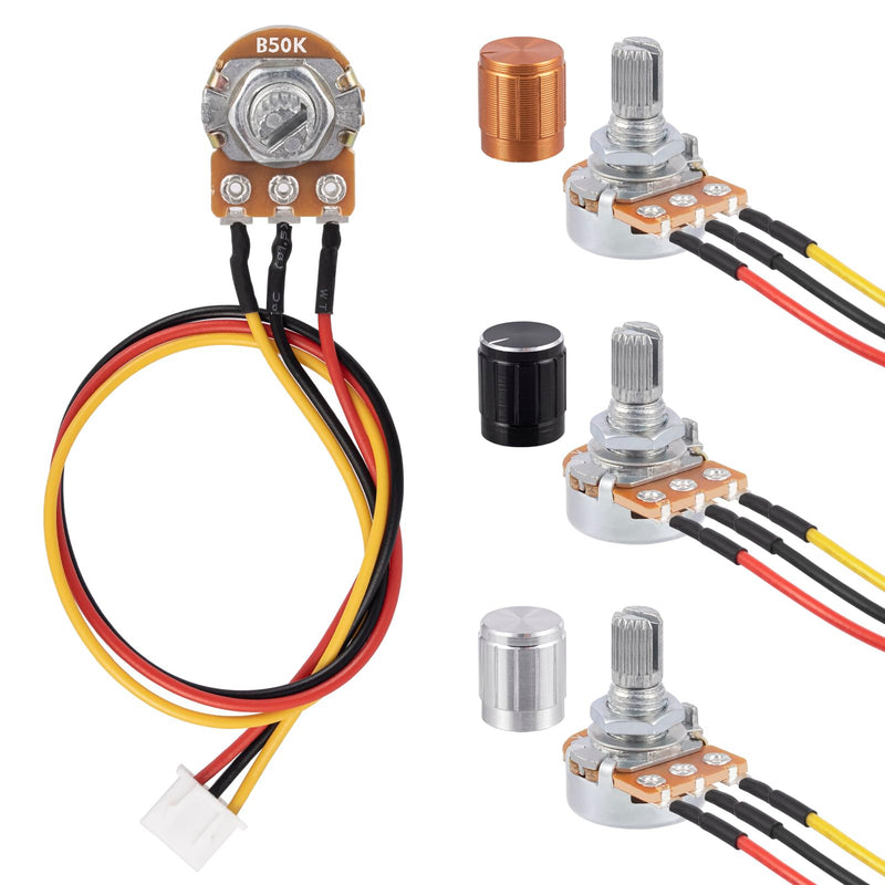Pack of 3 50K Ohm B50K Potentiometer Mono Linear WH148 Rotary Potentiometer 3 Clamps Rotary Taper Single Potentiometer Variable Resistors with XH2.54-3-Pin Connection Cable and 3 Pieces Rotary Knob