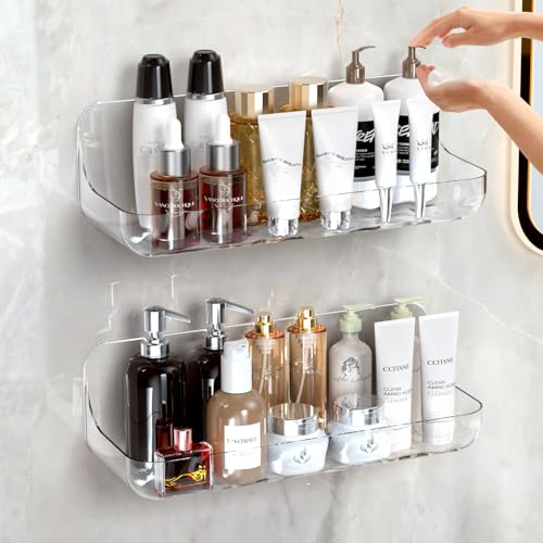 Acrylic Shower Shelves 2 Pack, Adhesive Clear Bathroom Shelf, Plastic Shower Caddy with Self Adhesive Tape, No Drilling, Wall Mounted Shower Organizer for Bathroom Storage & Kitchen Clear-2 Pack Medium