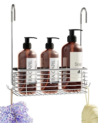 Stainless steel over door shower caddy with rotating hooks and hanging basket, bathroom organizer for shampoo and toiletries.
