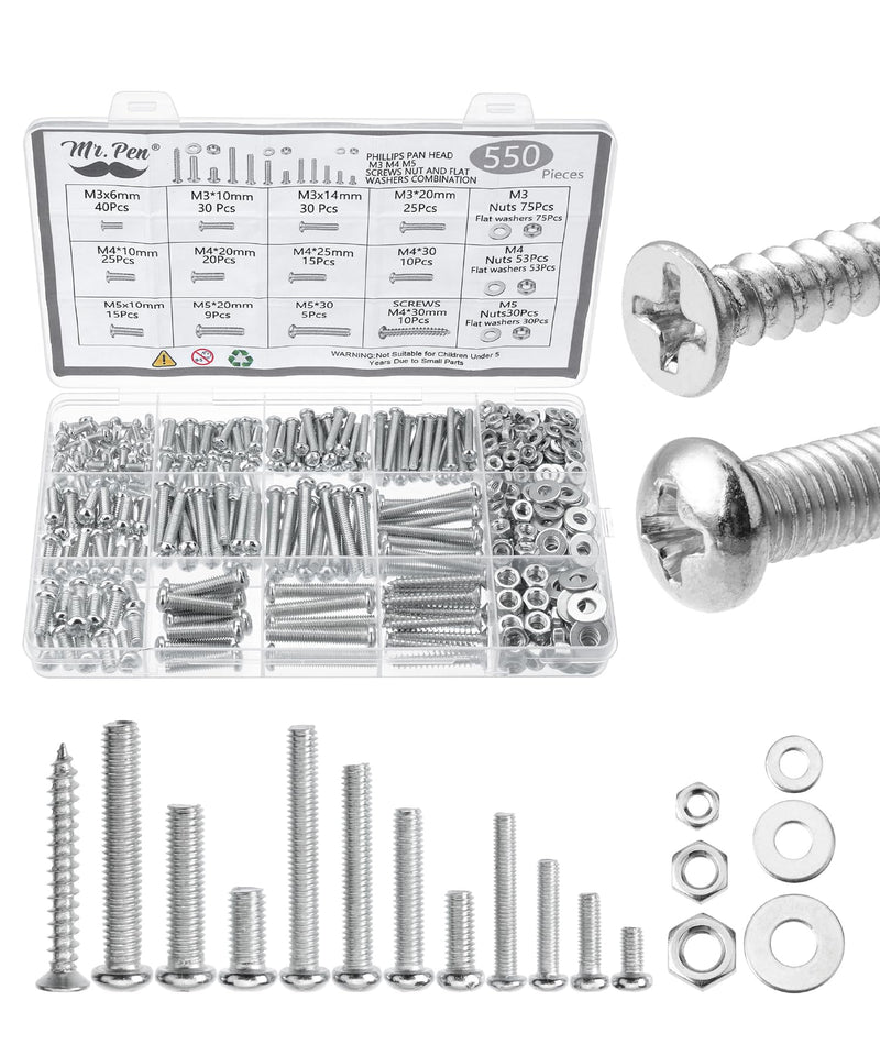 [Australia - AusPower] - Mr. Pen- Nuts and Bolts Assortment Kit, 550 pcs, Carbon Steel M3 M4 M5 Phillips Pan Head Assorted Nuts and Bolts, Machine Screw Assortment Kit with Clear Storage Box 