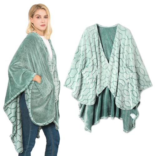 Bcareself Double-Sided Wearable Blanket Ultra Soft Flannel Shawl Blanket, Reversible Blanket,with Pockets, for Women and Men Modern Forest Green
