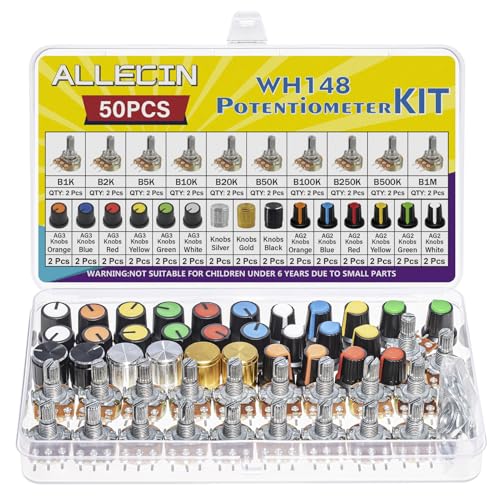 10 Values Potentiometer Mono Linear B1K B2K B5K B10K B20K B50K B100K B250K B500K B1M WH148 Rotary Potentiometer 3 Terminals B Type Taper Single Potentiometer with Nuts and Washer and Knob
