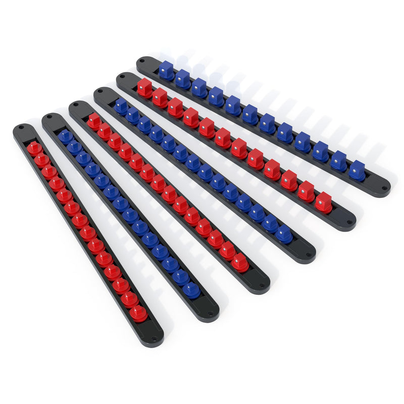 FIVEPEARS 6PCS 360° Socket Organizer Twist Lock,3/8 1/4 1/2 Socket Storage Rails, Premium Quality Socket Holders for Tool Box ，Tool Carts，Contains up to 80 Clips (Blue & Red) REDBLUE-6
