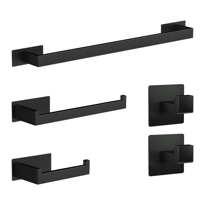Self-Adhesive Bathroom Hardware Set 5 Pieces, Matte Black Stainless Steel Towel Bar Set, Includes 24Inch Single Rod, Towel bar,Toilet Paper Holder, Single Hook, Bathroom Towel Rack Set (Matte Black)