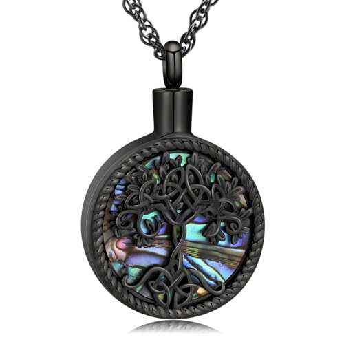 shajwo Cremation Jewelry Tree of Life Urn Ashes Necklace for Women Men Abalone shell Ash Pendant Keepsake Memorial Jewelry of Loved One Black