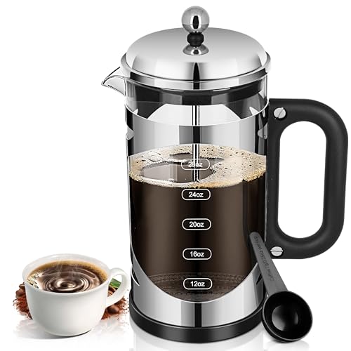 YMMIND 34 Ounce French Press Coffee Maker Chromium Stainless Steel Coffee Press, with 4-Level Filter System, Heat Resistant Thickness Borosilicate Glass, BPA-Free Brewed Coffee Pot for Camping Gifts Silvery-R 34 oz