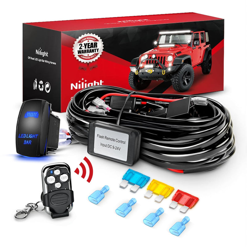 Nilight Remote Wiring Harness for LED Light Bar Wireless Strobe Flash Work Driving Lights 12V 20A 14AWG Controller 5PIN Switch Waterproof Power Relay Blade Fuse-1 Lead 14AWG-1 Lead Remote +Flash +5PIN Switch