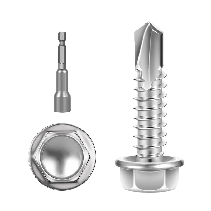 [Australia - AusPower] - #14 x 1 (100 PCS) Sheet Metal Screws, Hex Washer Head Self Drilling Screw, 410 Stainless Steel Flanged Hex Fast Self Tapping Screws, Hex Bit Socket Included #14 x 1" 