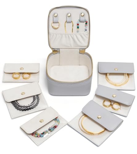 Popvibe Small Jewelry Travel Case for Women Mini Jewelry Box Organzier Traveling with 6 Jewelry Pouch Small Jewelry Bags, Leather Travel Size Jewelry Organizer Bag for Earrings Necklace, Blue Gray 1 box & 6 bags