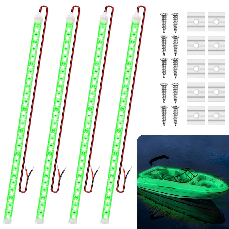 Boat Marine Submersible Led Strip Lights, 4 Pcs 20 Inches 12V Super Bright Boat Interior Lights, IP68 Waterproof Marine Led Strip Lights Night Fishing Lights for Boats, Kayak (Green) Green/20''