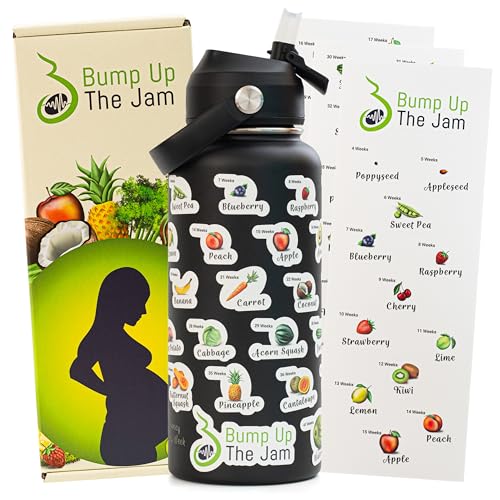 Pregnancy Water Bottle Tracker - 32 Ounce Stainless Steel - Includes Weekly Pregnancy Tracker Stickers (Midnight Black Color) Midnight Black
