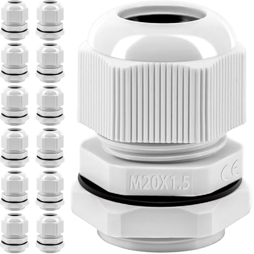 Pack of 12 Cable Glands, M20 Cable Gland, Waterproof | Nylon cable grommet, waterproof, IP68 white cable glands set with locking nut plastic