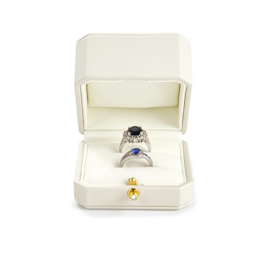 Beige PU Leather Double Dual Ring Box Octagonal Wedding Ring Box White Double Ring Box