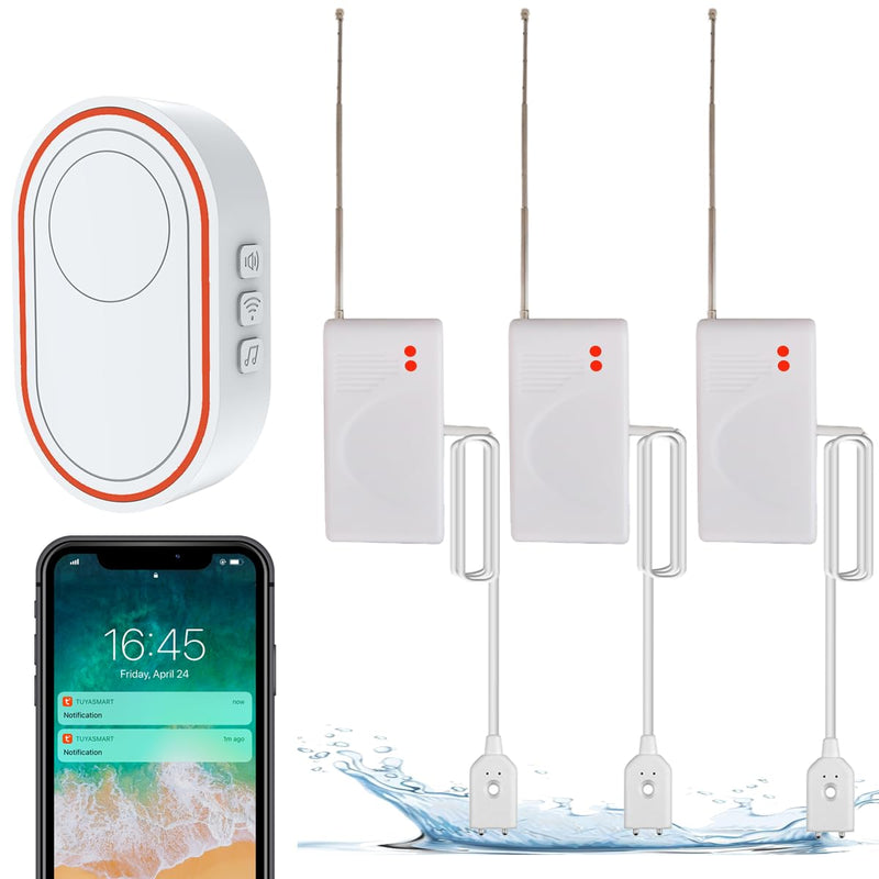 Water Detector Kit: 1 Smart Hub + 3 Leak Sensor (Silent), Water Sensor with Enhanced Signal Antenna, Water Leak Detector for Kitchen/Basement/Bathroom/Laundry, APP Monitoring, 110dB Adjustable Alarm AM 38