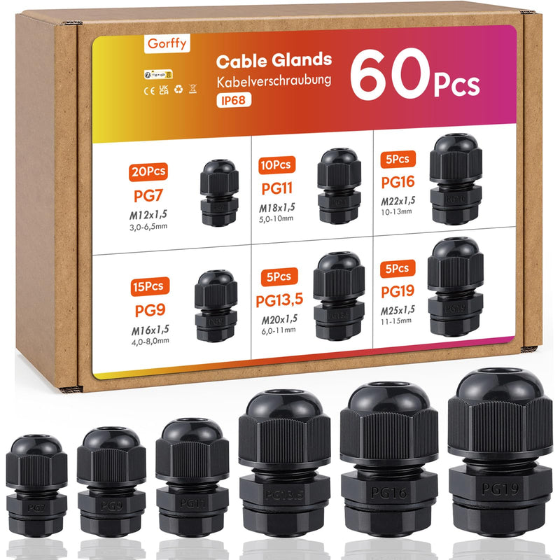 60-Piece Cable Gland Set with Seals, Cable Grommet | IP68 cable grommet waterproof, cable glands for outdoor garden, plastic nylon cable grommets 60 Stück