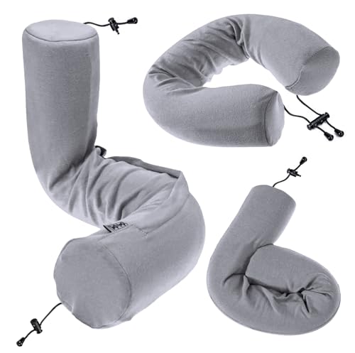 Dot&Dot Twist Memory Foam Travel Pillow for Airplanes - Travel Neck Pillow for Sleeping - Airplane Pillow for Neck Support, Chin, Lumbar and Leg - Adjustable, Bendable Neck Roll Pillow - Gray Ash Adjust (26" w/ cord)