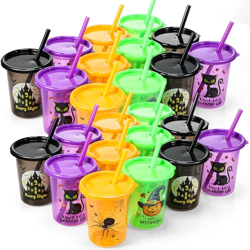 Nuanchu 24 Pcs Halloween Cups for Kids Plastic Tumbler with Lids and Straws 10 Oz Reusable Toddler Cups for Happy Halloween Party Gift Supplies (Vivid) Vivid