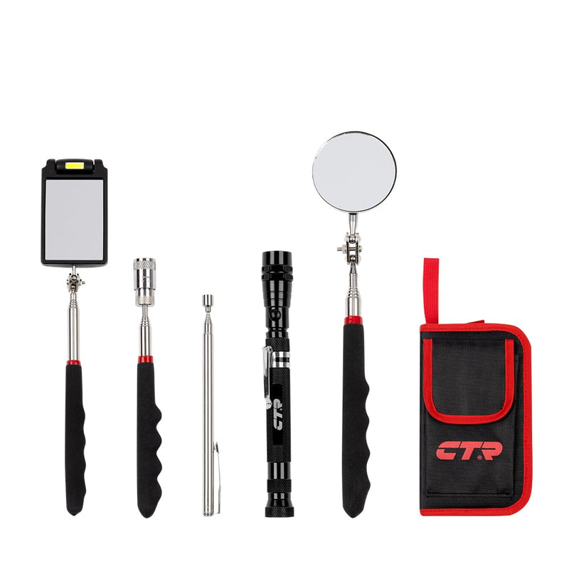 CTR 5PCS Telescoping Magnetic Pickup Tool Kit with Super Bright COB LED Square Inspection Mirror, Flexible Magnet Flashlight, Adjustable Inspection Tool with Long Handle - Best Gadgets Gifts for Men Red
