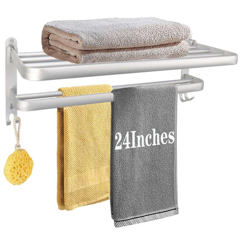 Towel Rack for Bathroom, Bath Towel Holder with Double Towel Bar and Fold-able Towel Shelf, Rustproof Towel Organizer Wall Mounted Towel Storage Hanger for Bath/Balcony/Lavatory(24In Sliver) 24 IN+3 Hook