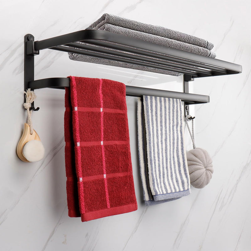 TocTen Towel Rack for Bathroom, Foldable Towel Holder with Double Towel Bars, Wall Mounted Premium Aluminum Bathroom Tower Shelf, Space-Saving Towel Hanger for Bathroom, Lavatory (Black,24 in) Black 1 Pcs 2 Hooks 24 In