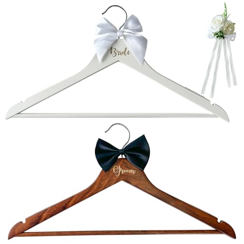 Groom Bride Hanger for Wedding Dress or Suit - 2 Pack Wedding Hangers Gifts Accessories - Bridal Hanger with Bow Tie & Exquisite Wrist Flower for Bridal Party White/Black