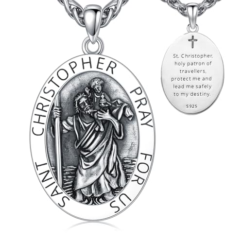 Saint Christopher Necklace for Men 925 Sterling Silver Patron Amulet Medal Jewelry for Men Women