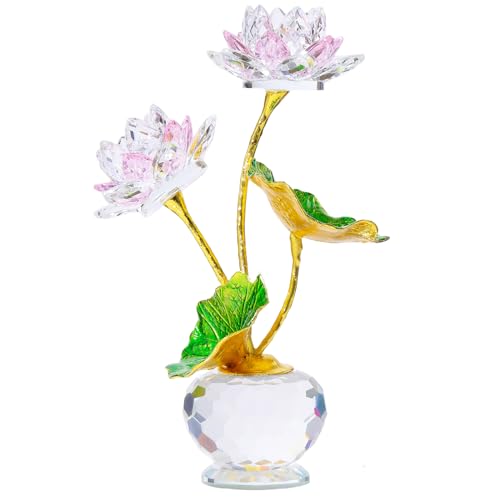 Arikyrist Pink Crystal Lotus Flower with Vase, Handmade Gifts for Women on Birthday, Mother's Day, Home & Office Decor, 2 Duo-Pink