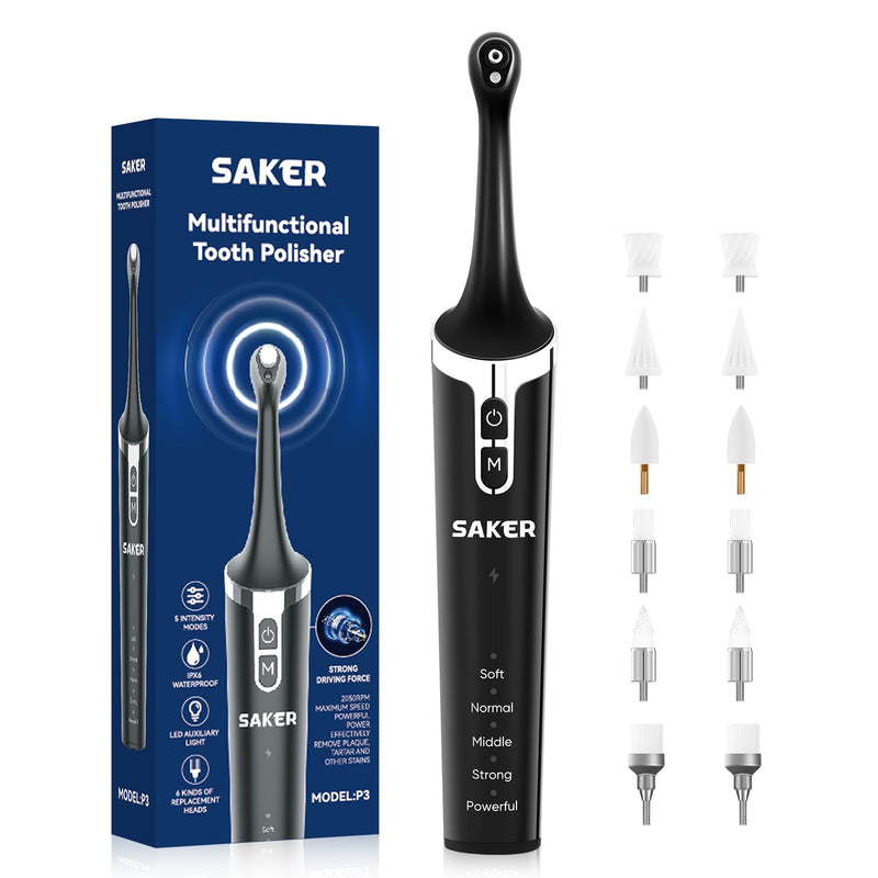 [Australia - AusPower] - Saker Tooth Polisher, 2 Set Replacement Polishing Brush Heads(12pcs) Included, Rechargeable Tooth Polishing Kit, Dental Teeth Polisher with LED Light, 5 Speed Modes, Waterproof 