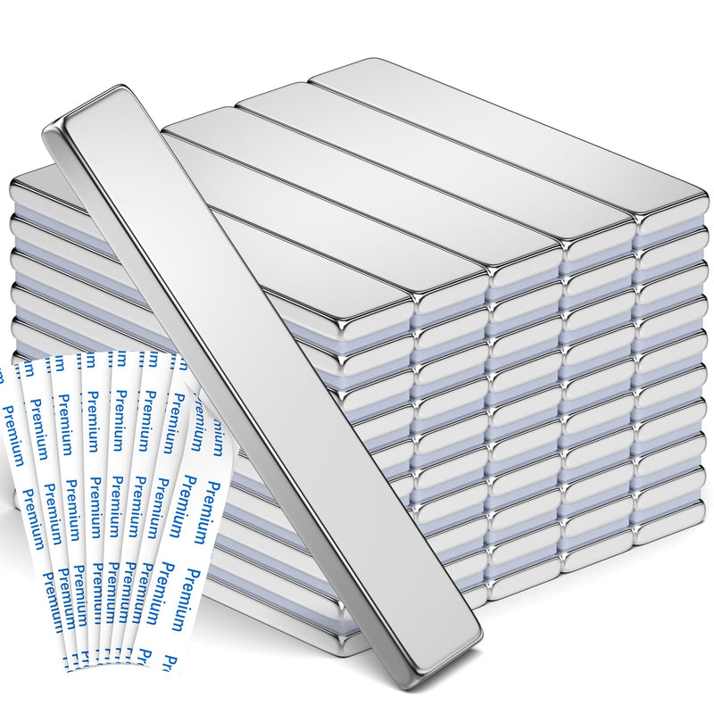 FINDMAG Silver Bar Magnets, 50 Pack Bar Magnets with Double-Sided Adhesive, Fridge Bar Magnet, Magnet for Fridge, Garage, Kitchen, DIY, 60x10x3mm 60x10x3 mm