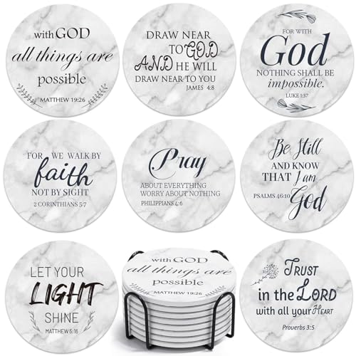 Billbotk Ceramic Coasters with Bible Verses, Coasters Set of 8 with Holder, Absorbent Drink Coasters for Home Decor and Christian Gifts, 4 Inches