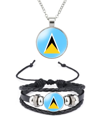 National Flag Metal Necklace and Alloy Leather Braided Rope Bracelet Bangle Set for Men Women Blue Saint Lucia