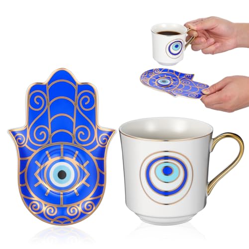 Zerodeko Evil Eye Cup with Saucer 2-pack Porcelain Tea Mug Set Microwave and Dishwasher Safe Anti-Scald Handle 4.13 X 5.90 X 2.95 in for Home Office Tea Coffee Milk