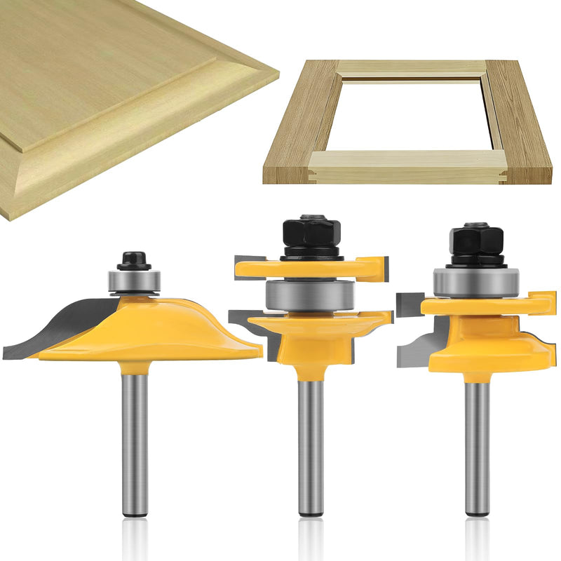 1/4" Shank Router Bit Set 3PCS Raised Panel Cabinet Door Making Router Bits | Cabinet Door Router Bits,Cemented Carbide Router Bits,Router Door Window Bits (Tenon Cutter Diameter: 1-5/8") 3PCS 1/4" Shank Router Bit Set