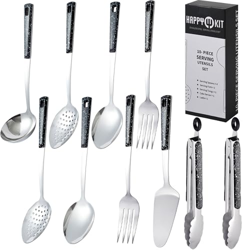 Set of 10 stainless steel metal serving utensils from HAPPY KIT, including spoons, tongs, and ladles for serving food.
