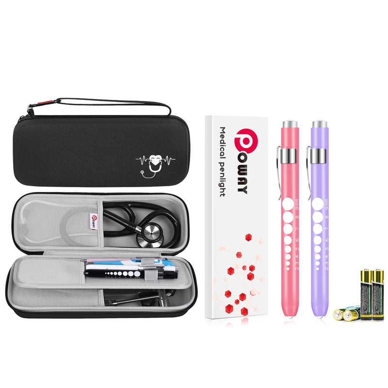 [Australia - AusPower] - 2 Pack Pen Lights and Black Stethoscope Carrying Case for Nurses Student Doctors EMT 
