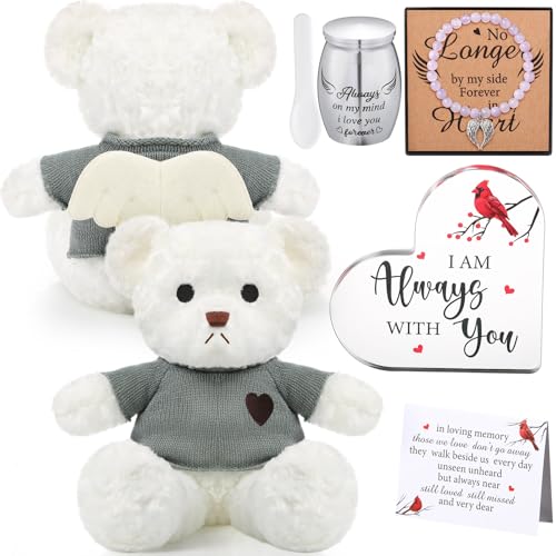 Kenning Cremation Keepsake Urn for Ashes Set, Memorial Bear with Mini Urn & Spoon, Acrylic Heart Memorial Plaque, Angel Wing Bracelet, Sympathy Bereavement Gift for Loss of Loved One or Pet (White) White