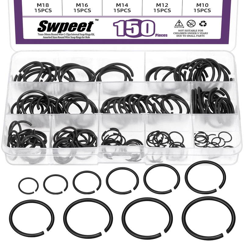 [Australia - AusPower] - Swpeet 150Pcs 10 Sizes 10mm-26mm Carbon spring steel Manganese Steel Round Wire C-Clips External Snap Ring Assortment Kit, M10 M12 M14 M16 M18 M20 M22 M20 M24 M25 M26 Round Wire Snap Rings for shaft Retainer Clip 