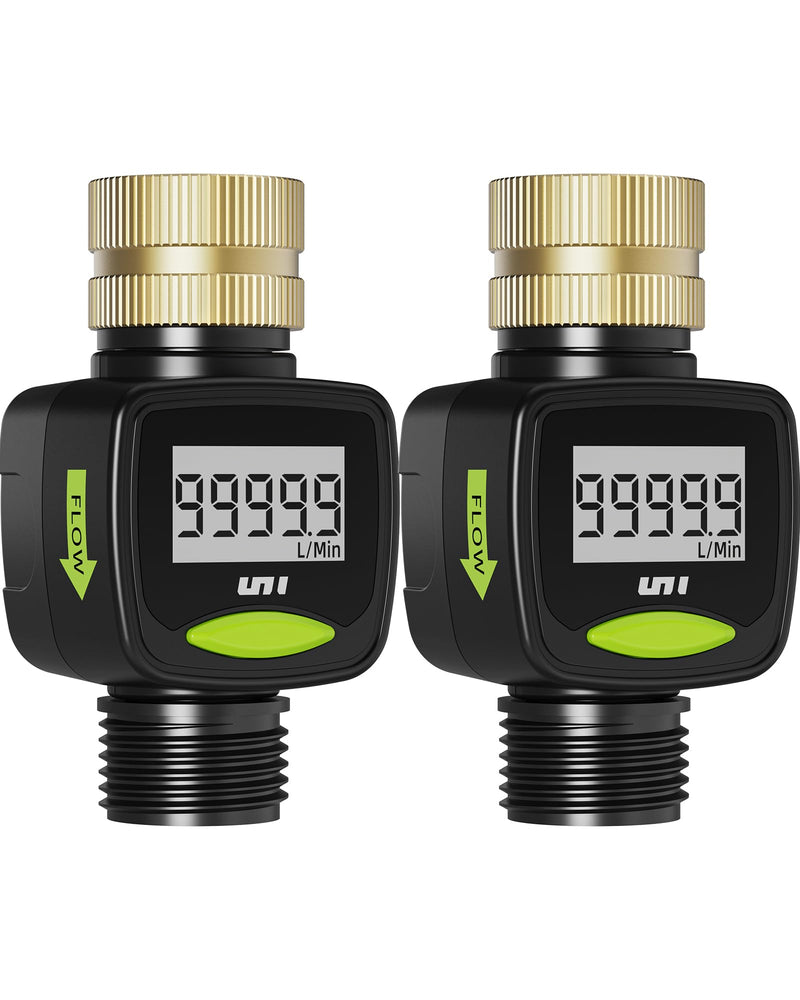 Unistyle Water Flow Meter with Brass Inlet Metal Thread, ±5% Measure Accuracy, RV Water Tank Filling, Measure Gallon/Liter Flow Rate Outdoor Garden Hose Watering, Lawn Sprinkler Nozzle Sprayer 2 Pack